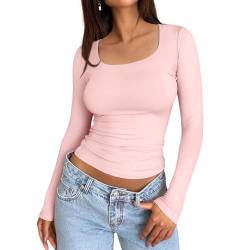 Azazaza Damen Enges Langarmshirt Basic Slim Fit Oberteile T-Shirt Casual Skims Dupe Eckigem Ausschnitt Langarm Crop Top von Azazaza