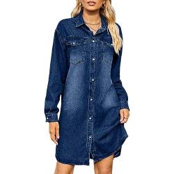 Azazaza Damen Jeanskleid Blusenkleid Langarmshirt Knopf Reverskragen Langarm Hemdkleid Minikleid Shirtkleid Sommer Herbstkleid von Azazaza