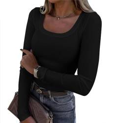 Azazaza Damen Oberteile Elegant Langarmshirt Eng Basic Slim Fit Top T Shirt Casual Eckigem Ausschnitt Strick Langarm Top von Azazaza