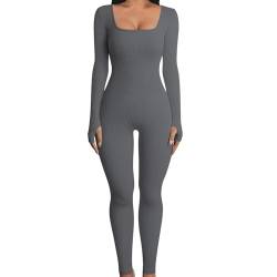 Azazaza Damen Sport Jumpsuit Einteiler Yoga Overall Lang Eng Langarm Gerippte Strick Bodycon Hosenanzug Trainingsanzug von Azazaza