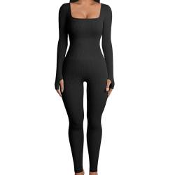 Azazaza Damen Sport Jumpsuit Einteiler Yoga Overall Lang Eng Langarm Gerippte Strick Bodycon Hosenanzug Trainingsanzug von Azazaza