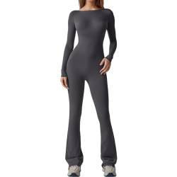 Azazaza Damen Sport Jumpsuit Einteiler Yoga Overall Lang Eng Langarm Rückenfrei Bodycon Hosenanzug Trainingsanzug von Azazaza