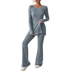 Azazaza Damen Zweiteiler Strick Suit Strick Langärmeliges Oberteil und Outdoor Jogginganzug Set Lounge Set Strickanzug Hausanzug Trainingsanzüge Set Strick Schlafanzug Set von Azazaza