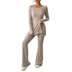 Azazaza Damen Zweiteiler Strick Suit Strick Langärmeliges Oberteil und Outdoor Jogginganzug Set Lounge Set Strickanzug Hausanzug Trainingsanzüge Set Strick Schlafanzug Set von Azazaza