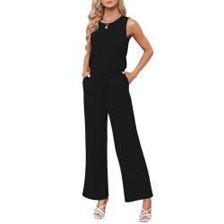 Azazaza Jumpsuit Damen Elegant Sommer Ärmellos Rundhals Overall Hosenanzug Weites Bein Romper Playsuit Mit Taschen von Azazaza