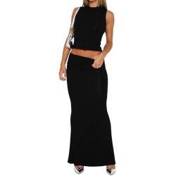 Azazaza Zweiteiler Damen Sommer Maxirock 2 Teiler Set Ärmelloses Tank Top Eng Oberteil Und Skims Kleid Sexy Eng Langer Rock Set Cocktailkleid Hochzeit Party Festlich Maxirock Clubwear von Azazaza