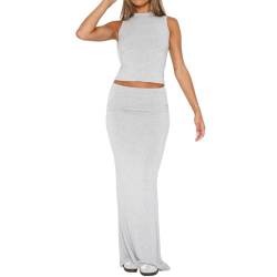 Azazaza Zweiteiler Damen Sommer Maxirock 2 Teiler Set Ärmelloses Tank Top Eng Oberteil Und Skims Kleid Sexy Eng Langer Rock Set Cocktailkleid Hochzeit Party Festlich Maxirock Clubwear von Azazaza