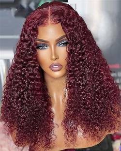 Damen Perücke Mit Spitze Vorne Tiefes Lockiges Echthaar Tiefe Welle Burgunderfarbene Lockige Perücke Burgundy 30Inch 4X4 Wig 180Density von Azedssw