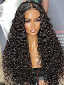 Damen Perücke Mit Spitze Vorne Tiefes Lockiges Echthaar Tiefe Welle Burgunderfarbene Lockige Perücke Natural Color Curly 26Inch 13x6 HD 180Density von Azedssw