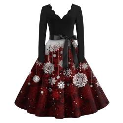 50Er Jahre Kleider Damen Frauen Vintage Rockabilly V-Ausschnitt Langarm A-Linie Übergröße Weihnachten Kleid Mit Schleife Winter Kleider Damen Kleid Ausgestellte Ärmel(2-White,XL) von Azruma