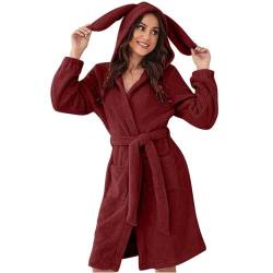 Azruma Bademantel Damen Lang Frauen Einfarbig Flauschig Bademantel Mit Kapuze Unisex Warm Fleece Kuschel Morgenmantel Mit Gürtel Roter Bademantel Herren Schlafmantel Damen(3-Wine,S) von Azruma