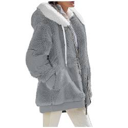 Azruma Cardigan damen lang Frauen Winter Warm Teddy-Fleece Patchwork Drucken Langarm Hooded Plüschjacke mit Reißverschluss weihnachts-homewear für damen(8-Light Gray,XXL) von Azruma