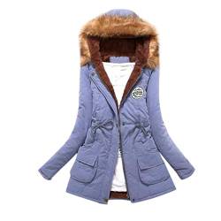 Azruma Damen Parka Frauen Winter Einfarbig Langarme Gefütterte Fleecejacke Mit Kapuze Warme Lange Winterparka Mit Tasche Damen Winter Jacke Teddyfell(Hellblau,S) von Azruma