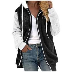 Azruma Damen strickmantel lang Frauen Winter Warm Teddy-Fleece Patchwork Drucken Langarm Hooded Plüschjacke mit Reißverschluss kapuzenjacke aus plüsch mit reißverschluss(3-Black,L) von Azruma