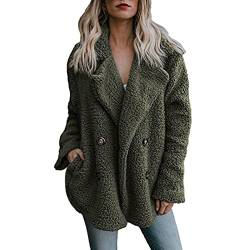 Azruma Fleecejacke Damen Lang Frauen Herbst Winter Warm Teddy Fleece Revers Zweireiher Jacke Flauschige Langarm Fleecejacke Teddy Fleece Cardigan Warme Strickjacke Damen(2-Green,M) von Azruma