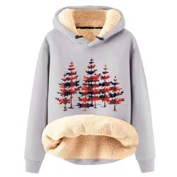 Azruma Fleecepulli Damen Frauen Winter Weihnachten Warm Fleece Sherpa Gefütterter Pullover Mit Kapuze Lässiger Drucken/Einfarbig Kapuzenpullover Fleece Pullover Schwarz Damen (5-Light Gray,S) von Azruma