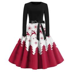 Azruma Kleid Weihnachten Damen Festlich Kleider Für Hochzeitsgäste Weihnachtsoutfit Damen Frauen Vintage Weihnachten Drucken Rundhals Langarm Rockabilly Lang Kleid Mit Gürtel (2-White, XXL) von Azruma