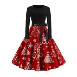 Azruma Kleid Weihnachten Prinzessin Kleid Mädchen Weihnachtsoutfit Damen Frauen Vintage Weihnachten Drucken Rundhals Langarm Rockabilly Midi Kleid Mit Gürtel Kostüm Pfau Damen (1-Red, M) von Azruma