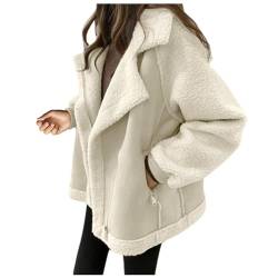 Azruma Mädchen Winterjacke Jacke Damen Winter Frühlingsjacke Damen Frauen Warm Kurz Schaffell Fleece Revers Langarm Motorradjacke Mit Zipper Taschen Bekleidung (1-Beige, M) von Azruma