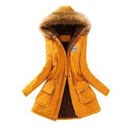 Azruma Mantel Damen Herbst Frauen Winter Einfarbig Langarme Gefütterte Fleecejacke Mit Kapuze Warme Lange Winterparka Mit Tasche Winterparka Damen Wasserdicht(Gelb,M) von Azruma