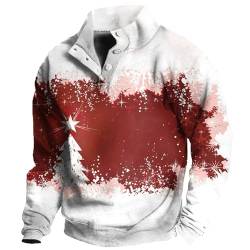 Azruma Schwarzer Pullover Herren Weihnachts Pullover Herren Pullover V Ausschnitt Männer Festlich Weihnachten Drucken Teddy Fleece Stehkragen Langarm Knopfleiste Henley Sweatshirt (1-White, XXL) von Azruma