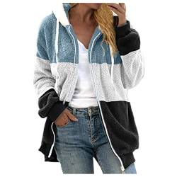 Azruma Teddy fleecejacke damen Frauen Winter Warm Teddy-Fleece Patchwork Drucken Langarm Hooded Plüschjacke mit Reißverschluss plüschjacke damen kurz(2-Light Blue,XXL) von Azruma