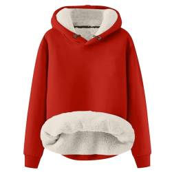 Azruma Warme Pullover Damen Winter Frauen Winter Weihnachten Warm Fleece Sherpa Gefütterter Pullover Mit Kapuze Lässiger Drucken/Einfarbig Kapuzenpullover Flauschige Jacke Damen (1-Red,M) von Azruma