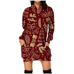 Azruma Weihnachtskleidung Damen Frauen Elegant Weihnachten Drucken Langarm Hoodie Kleid Mit Taschen Weihnachten Kleid Damen Damen Weihnachts-Langarmoberteile(2-Wine,XL) von Azruma