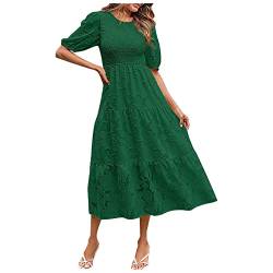 Damen Kleid Festlich Sexy Kleid Damen Erotisch Cocktailkleid Damen Damen Chiffon Plissee Blumendruck Puff ÄRmel Maxikleid Einfarbig Rundhals Swing Boho Strandkleid Beach Dress (Dark Green, L) von Azruma