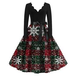 Damen Kleider Elegant Frauen Vintage Rockabilly V-Ausschnitt Langarm A-Linie Übergröße Weihnachten Kleid Mit Schleife Weihnachtskleid Damen Lang Zweiteiler Damen Elegant(1-Green,XL) von Azruma