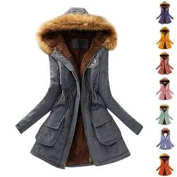 Damen Mantel Frauen Winter Einfarbig Langarme Gefütterte Fleecejacke Mit Kapuze Warme Lange Winterparka Mit Tasche Winterjacke Damen Mit Fellkapuze(Blau,S) von Azruma