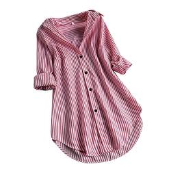 Damen Tunika Elegant Gestreiftem Druck V-Ausschnitt Langarm Hemd Longshirt Damen Große Größen Damen Turn-Down V-Ausschnitt Langarm Shirt Party Oberteil Damen Tuniken Für Damen Gelbes Shirt(2-Wine,3Xl) von Azruma