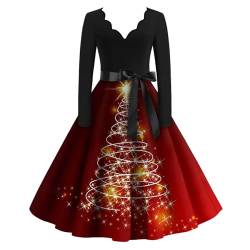 Kleid Damen Langarm Frauen Vintage Rockabilly V-Ausschnitt Langarm A-Linie Übergröße Weihnachten Kleid Mit Schleife Brautkleid Kurz 3/4 Sleeve Kleider(4-Red,XXL) von Azruma