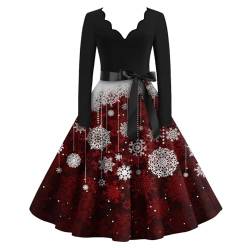 Kleid Langarm Damen Frauen Vintage Rockabilly V-Ausschnitt Langarm A-Linie Übergröße Weihnachten Kleid Mit Schleife Festliche Kleider Kleid Bordeaux Damen(2-White,M) von Azruma