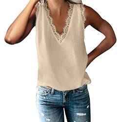 Shirt Damen 3/4 Arm Shirt Damen Kleidung Sommer Einfarbig Lace V-Ausschnitt Weste Sommer ÄRmellose Blusentop Mit Spitze Loose Fit T Shirt Damen Blusenshirt (Beige, XXL) von Azruma