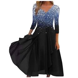 Strandkleid Damen Vintage Clothes Strandtunika Damen Spitzenkleid Chiffon Pailletten Flowy RüSchen Swing V-Ausschnitt 3/4 ÄRmel Midi Cocktailkleid Kimono Damen Strand (Dunkelblau, S) von Azruma