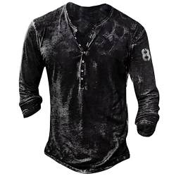 T Shirt Herren Schwarz Herren Shirt Polo Shirt Herren Vintage Distressed Stickerei/Drucken Langarm Henley Shirt Mit Knopfleiste T-Shirt Jungen (Schwarz, 3XL) von Azruma