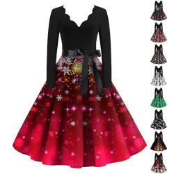 Weihnachtspulli Damen Frauen Vintage Rockabilly V-Ausschnitt Langarm A-Linie Übergröße Weihnachten Kleid Mit Schleife Damen Vintage Lolita Kleid Business Kleid Damen(4-Hot Pink,M) von Azruma