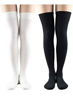 Azue Women Non Slip Thigh High Socks Fashion Tube Stockings above Knee Cosplay Socks 2 Pack White&Black One Size von Azue