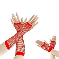 Azwood Fischnetz Handschuhe, 2 Paare Lang und Kurz Netz Mesh Handschuhe, Schwarz Fingerlose Netzhandschuhe - Damen Abendhandschuhe ​für Verkleidung Kostüm Party Lieferungen (Rot) von Azwood