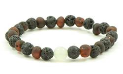 Adult Bracelet with Baltic Amber, Lava and Moonstone Beads, handmade on elastic band 18cm von B-A-L