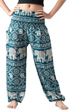 B BANGKOK PANTS Damen Haremshose, Boho-Kleidung, Hippie, Yogahose mit Taschen für Frauen Yoga-Hose, Grüner Elefant, Einheitsgröße von B BANGKOK PANTS
