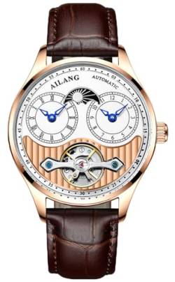 B BINGER Herren Automatik Uhren Dualzeit Clown Mondphase Ailang Serie Männer Armbanduhr (Roségold Weiß) von B BINGER