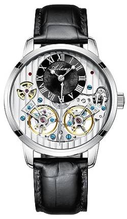 B BINGER Herren Automatik Uhren Skelett Ailang Serie Lederband Männer Armbanduhr (Silber Schwarz) von B BINGER