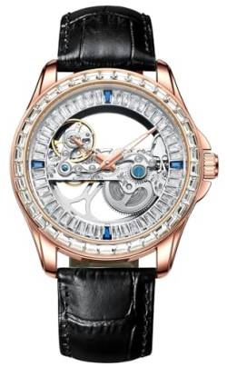 B BINGER Herren Automatik Uhren Skelett Neutral Bergkristall Unisex Armbanduhr (Roségold) von B BINGER