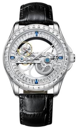 B BINGER Herren Automatik Uhren Skelett Neutral Bergkristall Unisex Armbanduhr (Silber) von B BINGER