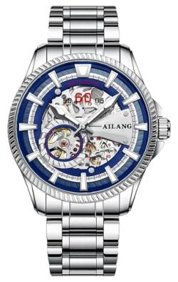 B BINGER Herren Automatik Uhren Skelett Uhr Ailang Serie Männer Armbanduhr (Silber Blau) von B BINGER