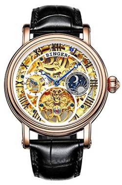 B BINGER Skelett Herren Automatik Uhr Steampunk Mechanische mit Leder Armband(Rose Gold Weiß) von B BINGER