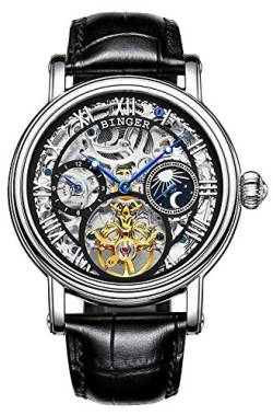 B BINGER Skelett Herren Automatik Uhr Steampunk Mechanische mit Leder Armband(Silber schwarz) von B BINGER