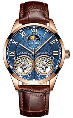 B BINGER Skelett Uhren Herren Automatik Mechanische Ailang Dual Balance Räder Armbanduhren (Roségold Blau) von B BINGER